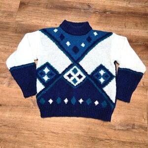 Vintage Deb Medium Blue and White Turtleneck Sweater with Geometric Pattern